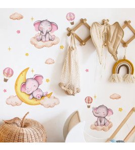 Hot Sale Removable Cartoon Pink Elephant With Cloud Wall Stickers Baby Broom