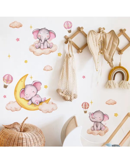 Hot Sale Removable Cartoon Pink Elephant With Cloud Wall Stickers Baby Broom