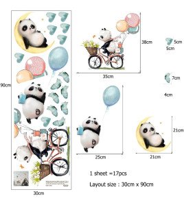 Self Adhesive Baby Room Wall Sticker New Design Pandas Ride Bicycles Stickers For Kids Room Decoration