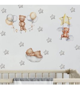 Self-adhesive Moon &amp; Star Wall Teddy Bear Stickers – Cute Baby Room Decor