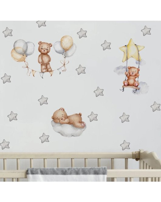Self-adhesive Moon & Star Wall Teddy Bear Stickers – Cute Baby Room Decor