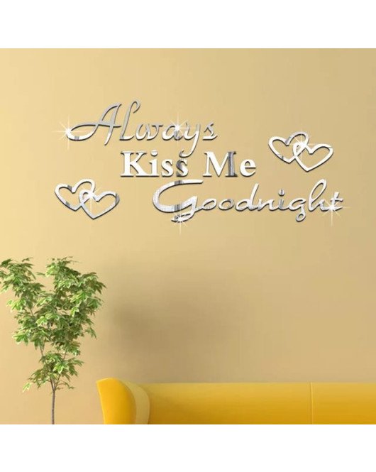 Creatick Studio Always Kiss Me Goodnight English Letters Hearts Acrylic Mirror Effect Wall Stickers Bedroom Living Room Decorative Decals Removable Home Decoration Creative Design Wall Decor