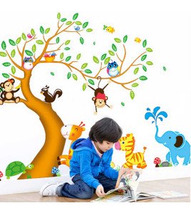 Kids Room Cartoon Animals Tree Removable 3d Stickers Wall Decoration