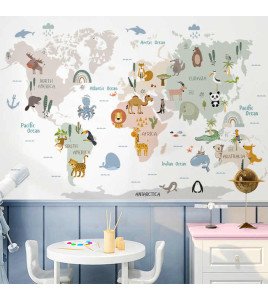 Kids Room Decoration Self-adhesive Cartoon Animal 3d World Map Wall Stickers