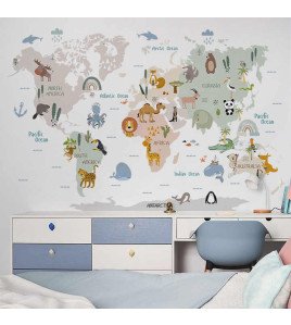 Kids Room Decoration Self-adhesive Cartoon Animal 3d World Map Wall Stickers