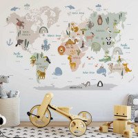 Kids Room Decoration Self-adhesive Cartoon Animal 3d World Map Wall Stickers