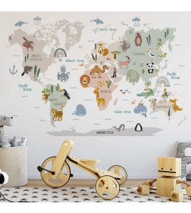 Kids Room Decoration Self-adhesive Cartoon Animal 3d World Map Wall Stickers