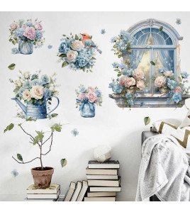 Living Room Decoration Self Adhesive 3d False Window Green Plant Wall Sticker