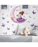 Purple Moon Girl With Flying Butterfly Self-adhesive Vinyl Kids Bedroom Wall Stickers For Girls - Model Fun-b138