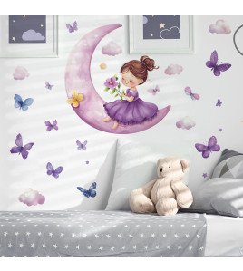 Purple Moon Girl With Flying Butterfly Self-adhesive Vinyl Kids Bedroom Wall Stickers For Girls - Model Fun-b138