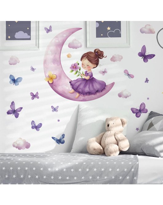 Purple Moon Girl With Flying Butterfly Self-adhesive Vinyl Kids Bedroom Wall Stickers For Girls - Model Fun-b138