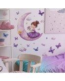 Purple Moon Girl With Flying Butterfly Self-adhesive Vinyl Kids Bedroom Wall Stickers For Girls - Model Fun-b138
