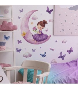 Purple Moon Girl With Flying Butterfly Self-adhesive Vinyl Kids Bedroom Wall Stickers For Girls - Model Fun-b138