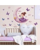 Purple Moon Girl With Flying Butterfly Self-adhesive Vinyl Kids Bedroom Wall Stickers For Girls - Model Fun-b138