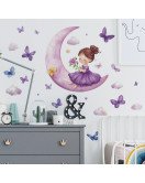 Purple Moon Girl With Flying Butterfly Self-adhesive Vinyl Kids Bedroom Wall Stickers For Girls - Model Fun-b138
