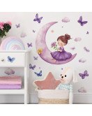 Purple Moon Girl With Flying Butterfly Self-adhesive Vinyl Kids Bedroom Wall Stickers For Girls - Model Fun-b138