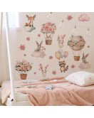 Cartoon Flowers Animals Rabbits Fox Pink Wall Stickers Bedroom Nursery Wall Stickers For Girls - Model Fun-c66