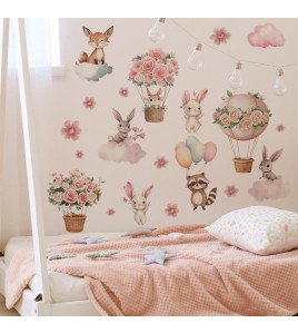 Cartoon Flowers Animals Rabbits Fox Pink Wall Stickers Bedroom Nursery Wall Stickers For Girls - Model Fun-c66