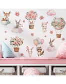 Cartoon Flowers Animals Rabbits Fox Pink Wall Stickers Bedroom Nursery Wall Stickers For Girls - Model Fun-c66