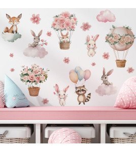Cartoon Flowers Animals Rabbits Fox Pink Wall Stickers Bedroom Nursery Wall Stickers For Girls - Model Fun-c66