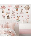 Cartoon Flowers Animals Rabbits Fox Pink Wall Stickers Bedroom Nursery Wall Stickers For Girls - Model Fun-c66
