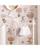 Cartoon Flowers Animals Rabbits Fox Pink Wall Stickers Bedroom Nursery Wall Stickers For Girls - Model Fun-c66