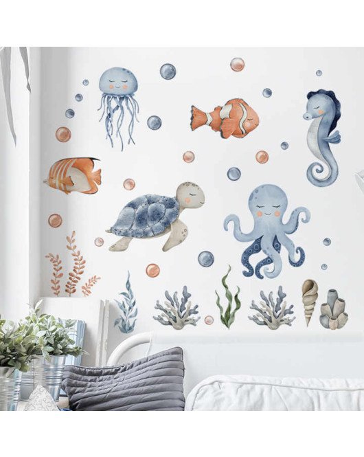 Self Adhesive Bathroom Removable Cartoon Underwater Animal Wall Sticker Baby