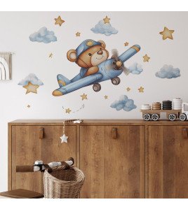 Self-adhesive Cartoon Bear With Airplane Baby Boy Bedroom Wall Sticker - Model Fun-e227