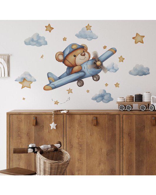 Self-adhesive Cartoon Bear With Airplane Baby Boy Bedroom Wall Sticker - Model Fun-e227