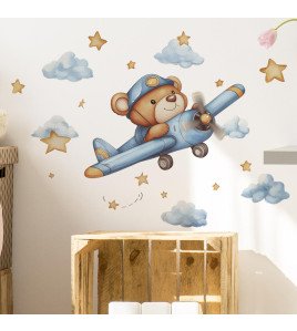 Self-adhesive Cartoon Bear With Airplane Baby Boy Bedroom Wall Sticker - Model Fun-e227