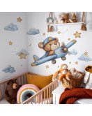 Self-adhesive Cartoon Bear With Airplane Baby Boy Bedroom Wall Sticker - Model Fun-e227