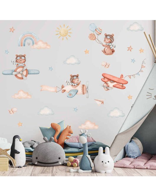Baby Room Removable Cute Airplane Rainbow With Cloud Graffiti Wall Stickers
