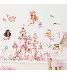 Self Adhesive Watercolor Cartoon Castle Mermaid Baby Room Decor Wall Stickers