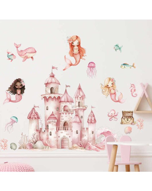 Self Adhesive Watercolor Cartoon Castle Mermaid Baby Room Decor Wall Stickers