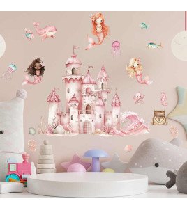 Self Adhesive Watercolor Cartoon Castle Mermaid Baby Room Decor Wall Stickers