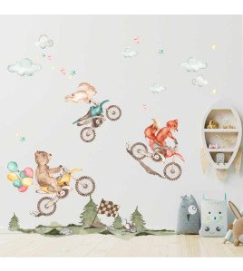Removable Bedroom Decor Watercolor Animal Riding Bike 3D Cartoon Stickers Wall Kids