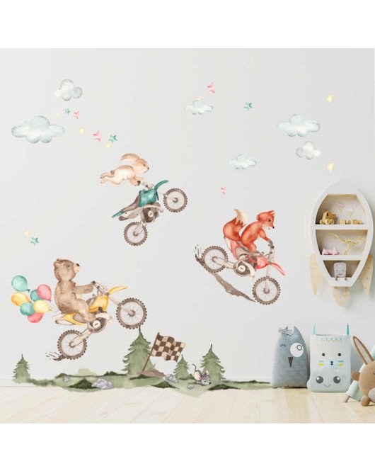 Removable Bedroom Decor Watercolor Animal Riding Bike 3D Cartoon Stickers Wall Kids