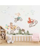 Removable Bedroom Decor Watercolor Animal Riding Bike 3D Cartoon Stickers Wall Kids
