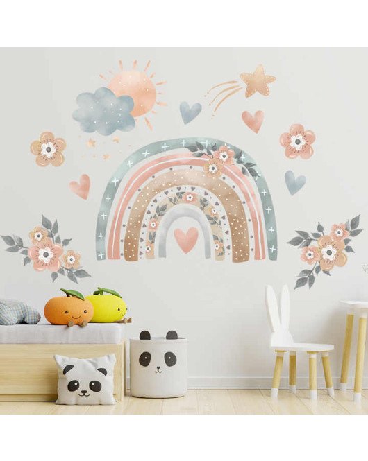 Self Adhesive Transparent Pvc Flower Rainbow Wall Stickers For Kids Room