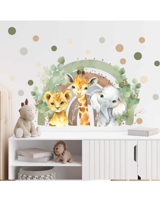 Cartoon Animal Dot With Rainbow Nursery Boho Wall Stickers - Model Lm64012