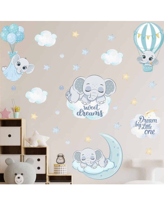 New Design Cartoon Elephant With Cloud Sticker For Baby Room Wall Boy