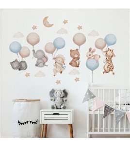 Lm93241 Removable Cartoon Animal Balloon With Cloud Vinyl Uv Printed Kids' Room Wall Stickers