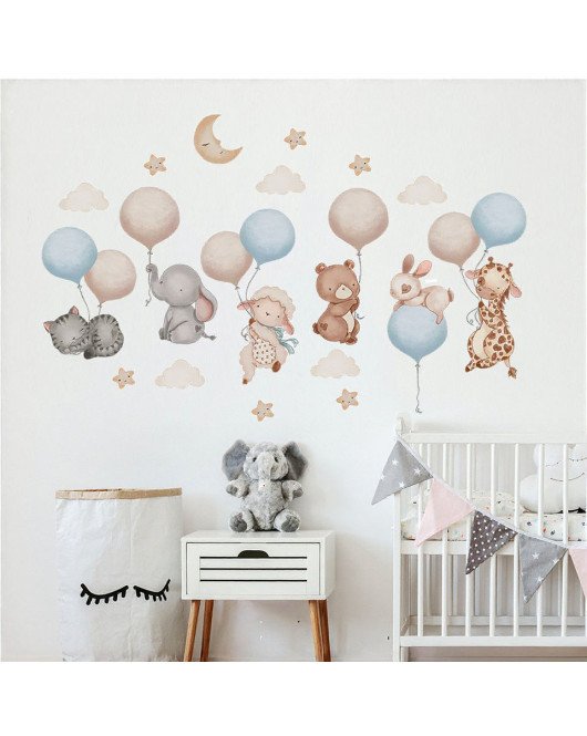 Lm93241 Removable Cartoon Animal Balloon With Cloud Vinyl Uv Printed Kids' Room Wall Stickers