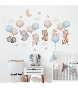 Lm93241 Removable Cartoon Animal Balloon With Cloud Vinyl Uv Printed Kids' Room Wall Stickers