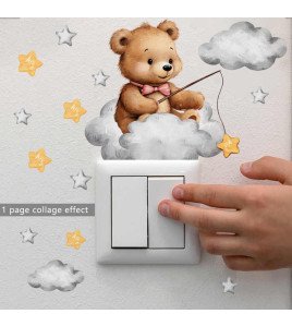 Kids Room Wall Decoration Cartoon Teddy Bear With Star Cloud Light Switch Sticker