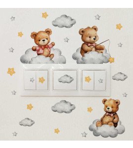 Kids Room Wall Decoration Cartoon Teddy Bear With Star Cloud Light Switch Sticker