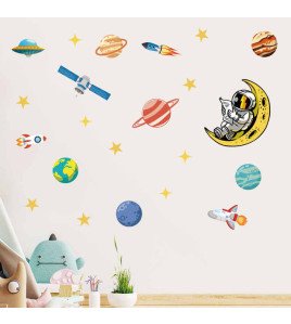 Removable Vinyl Cartoon Space With Rocket Wall Decals Kids Room