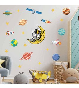 Removable Vinyl Cartoon Space With Rocket Wall Decals Kids Room