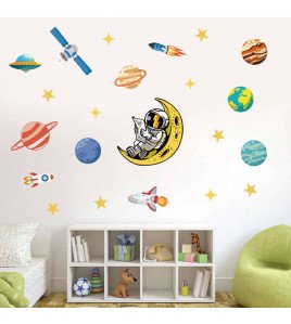Removable Vinyl Cartoon Space With Rocket Wall Decals Kids Room