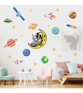 Removable Vinyl Cartoon Space With Rocket Wall Decals Kids Room